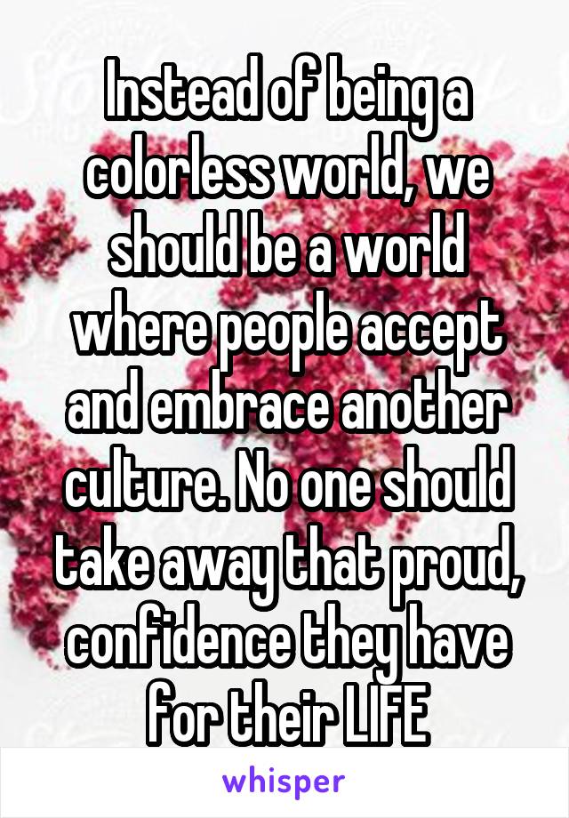 Instead of being a colorless world, we should be a world where people accept and embrace another culture. No one should take away that proud, confidence they have for their LIFE