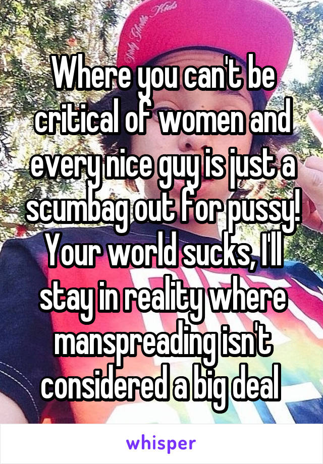 Where you can't be critical of women and every nice guy is just a scumbag out for pussy! Your world sucks, I'll stay in reality where manspreading isn't considered a big deal 