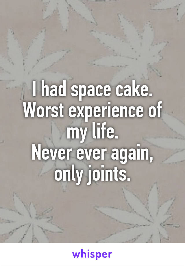 I had space cake.
Worst experience of my life.
Never ever again, only joints.