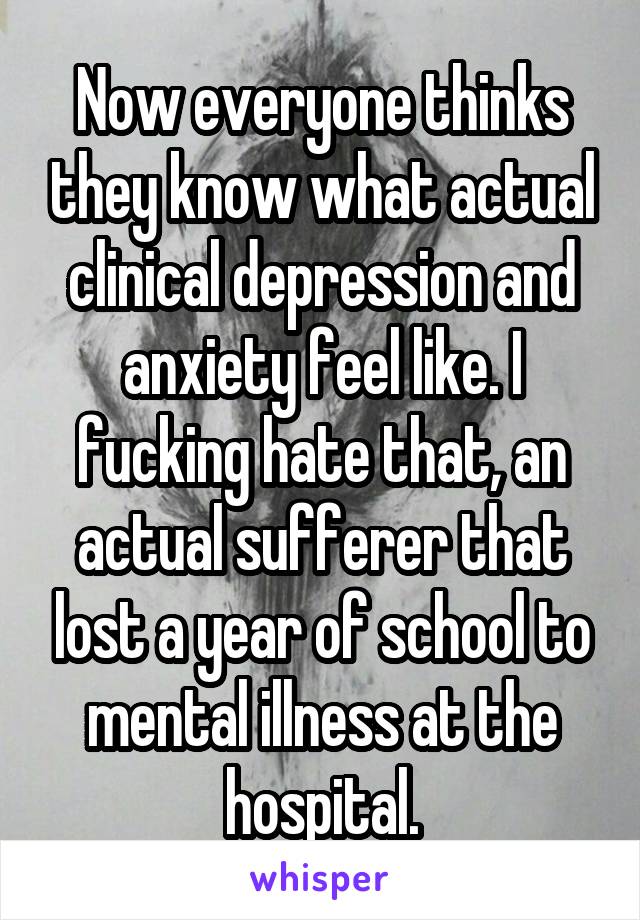 Now everyone thinks they know what actual clinical depression and anxiety feel like. I fucking hate that, an actual sufferer that lost a year of school to mental illness at the hospital.