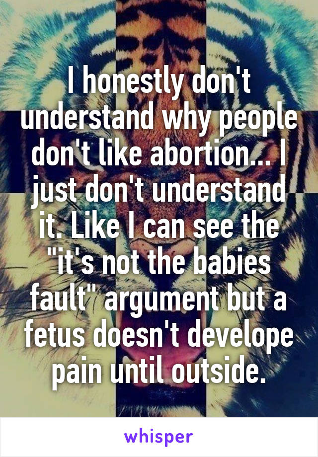 I honestly don't understand why people don't like abortion... I just don't understand it. Like I can see the "it's not the babies fault" argument but a fetus doesn't develope pain until outside.