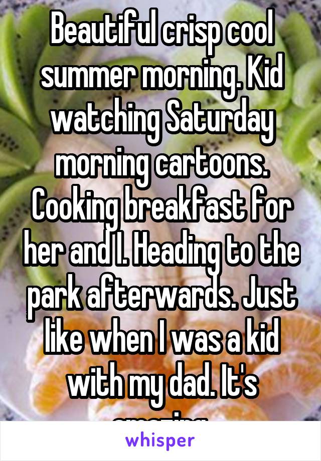 Beautiful crisp cool summer morning. Kid watching Saturday morning cartoons. Cooking breakfast for her and I. Heading to the park afterwards. Just like when I was a kid with my dad. It's amazing.