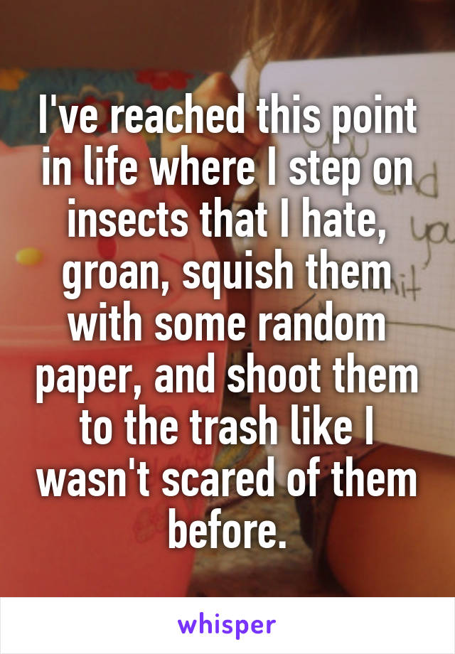 I've reached this point in life where I step on insects that I hate, groan, squish them with some random paper, and shoot them to the trash like I wasn't scared of them before.