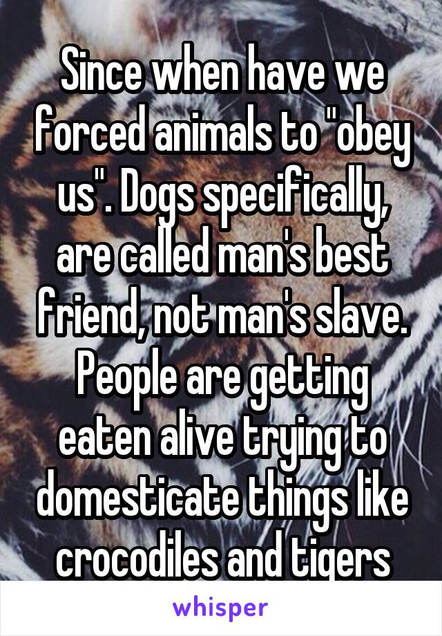 Since when have we forced animals to "obey us". Dogs specifically, are called man's best friend, not man's slave. People are getting eaten alive trying to domesticate things like crocodiles and tigers