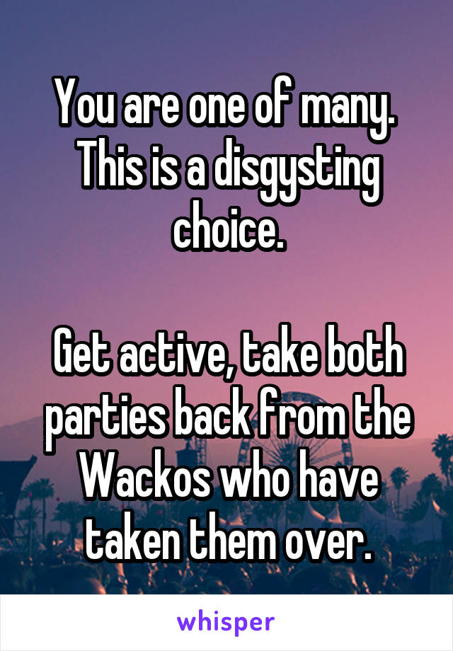 You are one of many.  This is a disgysting choice.

Get active, take both parties back from the Wackos who have taken them over.