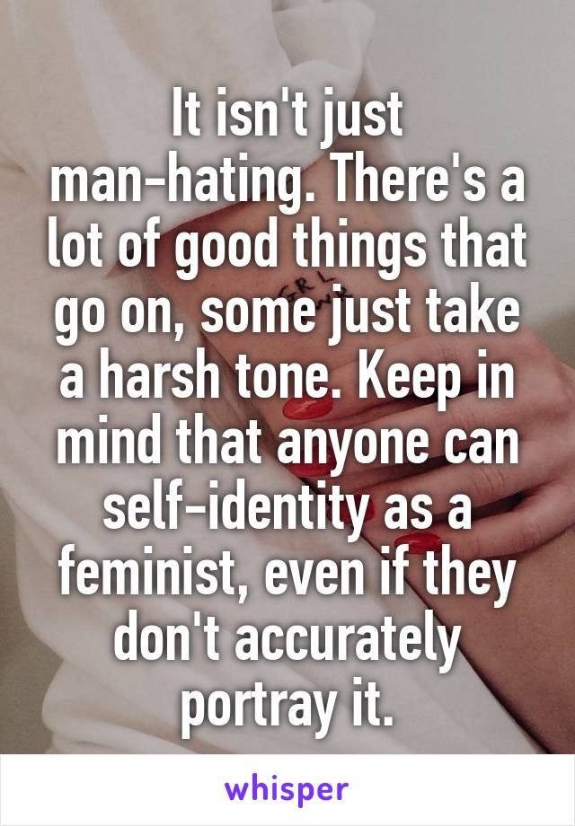 It isn't just man-hating. There's a lot of good things that go on, some just take a harsh tone. Keep in mind that anyone can self-identity as a feminist, even if they don't accurately portray it.
