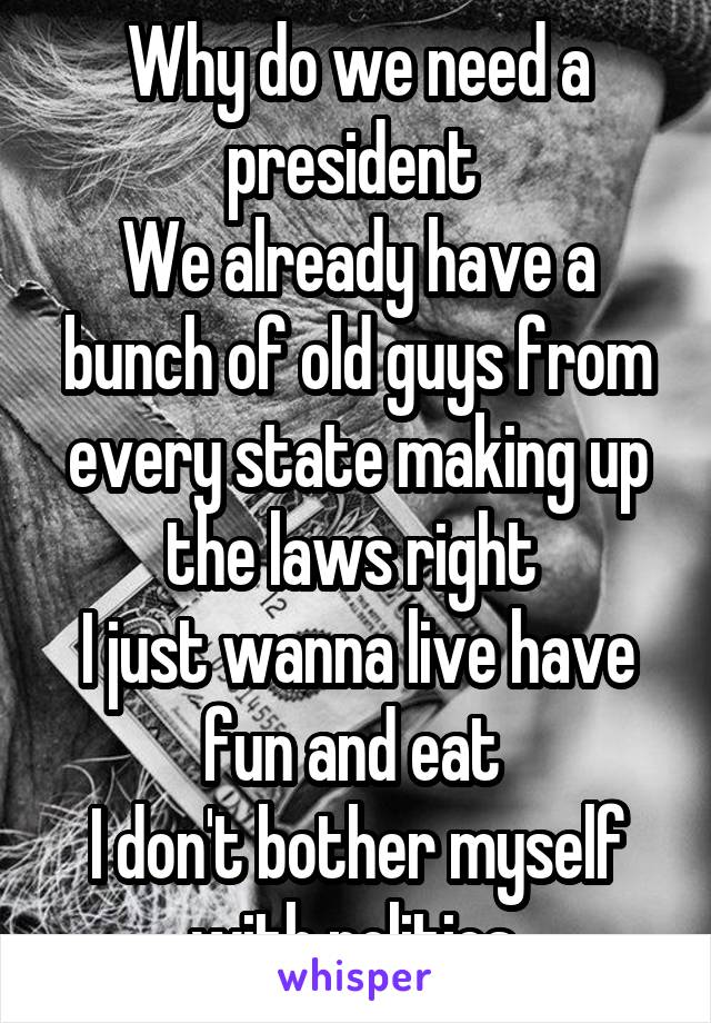 Why do we need a president 
We already have a bunch of old guys from every state making up the laws right 
I just wanna live have fun and eat 
I don't bother myself with politics 