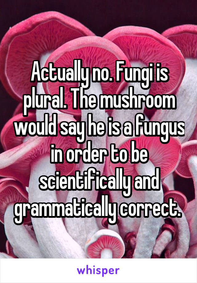 Actually no. Fungi is plural. The mushroom would say he is a fungus in order to be scientifically and grammatically correct. 