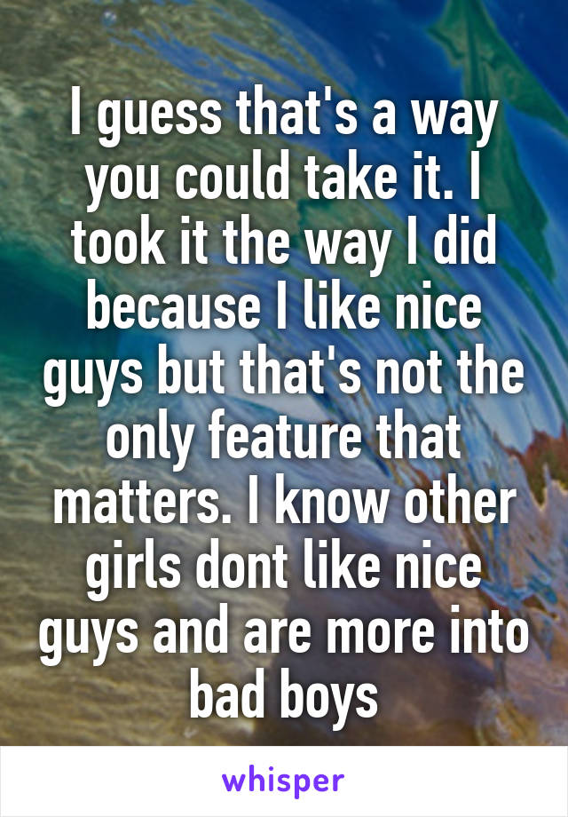 I guess that's a way you could take it. I took it the way I did because I like nice guys but that's not the only feature that matters. I know other girls dont like nice guys and are more into bad boys