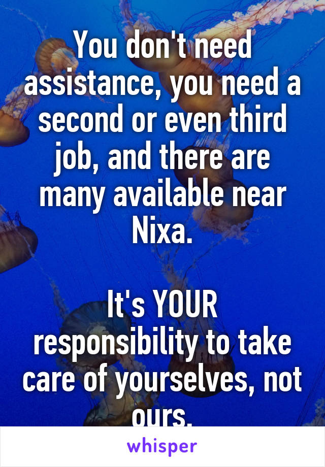 You don't need assistance, you need a second or even third job, and there are many available near Nixa.

It's YOUR responsibility to take care of yourselves, not ours.