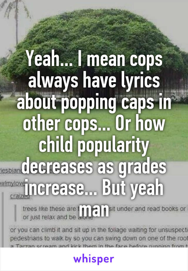 Yeah... I mean cops always have lyrics about popping caps in other cops... Or how child popularity decreases as grades increase... But yeah man