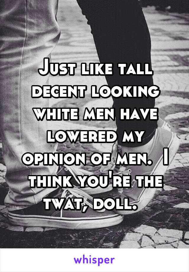 Just like tall decent looking white men have lowered my opinion of men.  I think you're the twat, doll.  