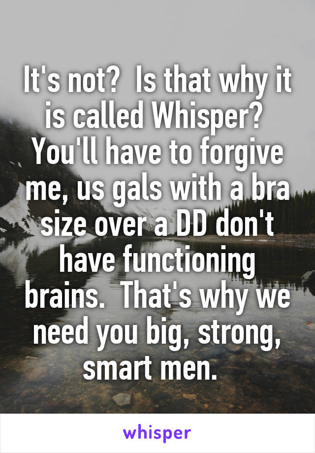 It's not?  Is that why it is called Whisper?  You'll have to forgive me, us gals with a bra size over a DD don't have functioning brains.  That's why we need you big, strong, smart men.  