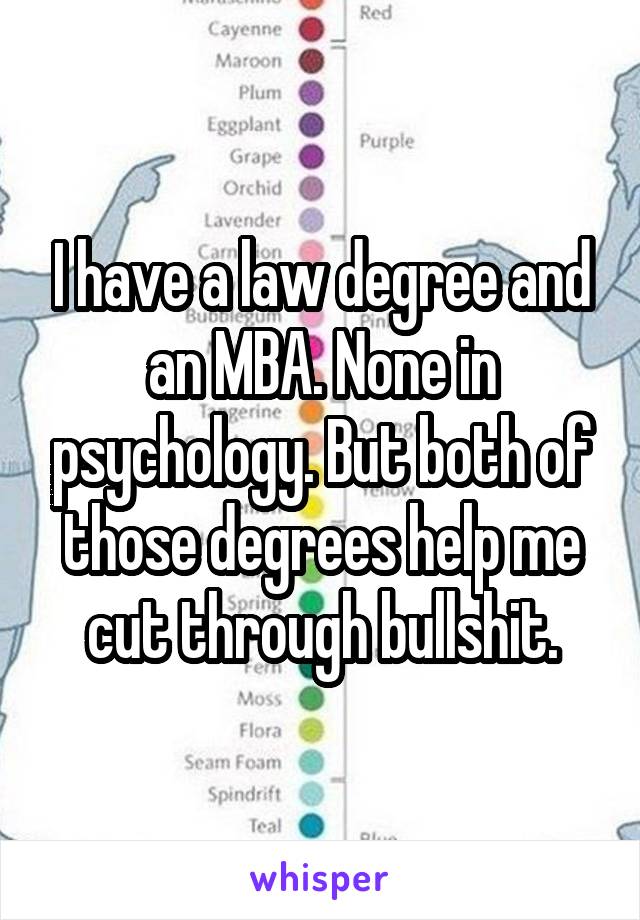 I have a law degree and an MBA. None in psychology. But both of those degrees help me cut through bullshit.