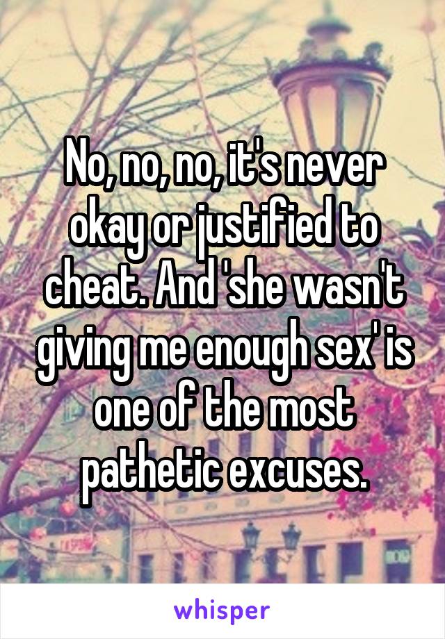 No, no, no, it's never okay or justified to cheat. And 'she wasn't giving me enough sex' is one of the most pathetic excuses.