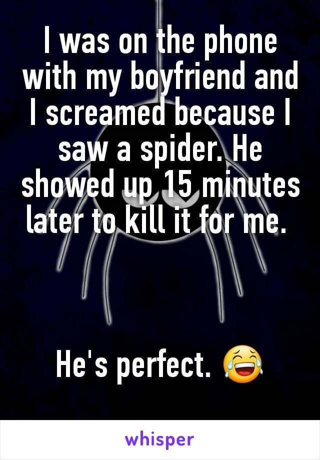 I was on the phone with my boyfriend and I screamed because I saw a spider. He showed up 15 minutes later to kill it for me. 



He's perfect. 😂