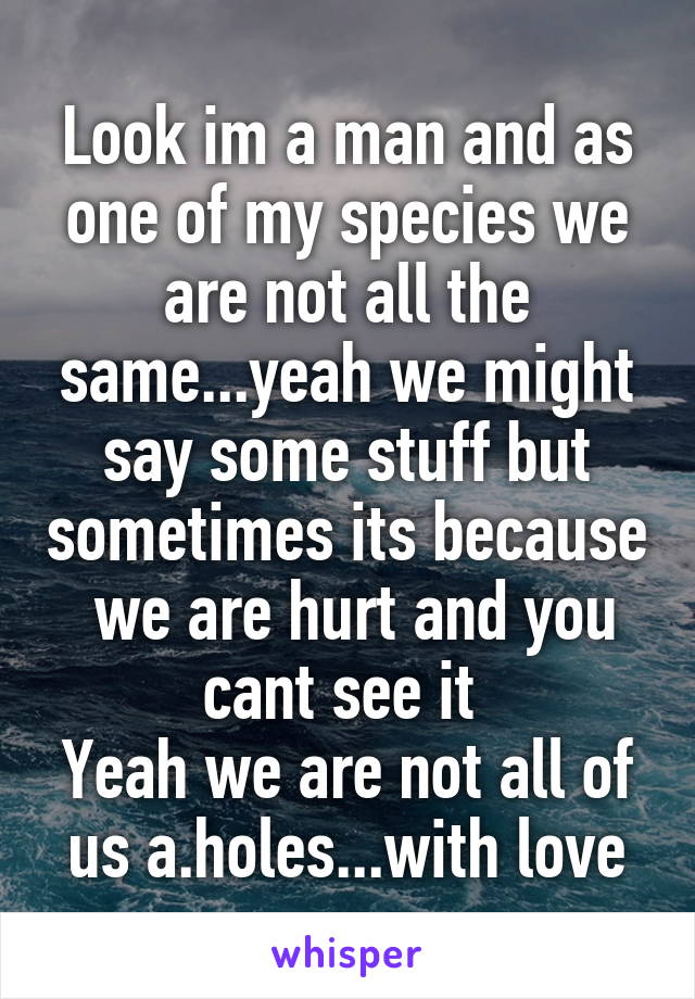 Look im a man and as one of my species we are not all the same...yeah we might say some stuff but sometimes its because  we are hurt and you cant see it 
Yeah we are not all of us a.holes...with love