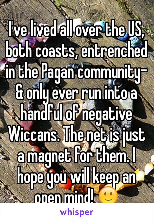 I've lived all over the US, both coasts, entrenched in the Pagan community- & only ever run into a handful of negative Wiccans. The net is just a magnet for them. I hope you will keep an open mind! 🙂