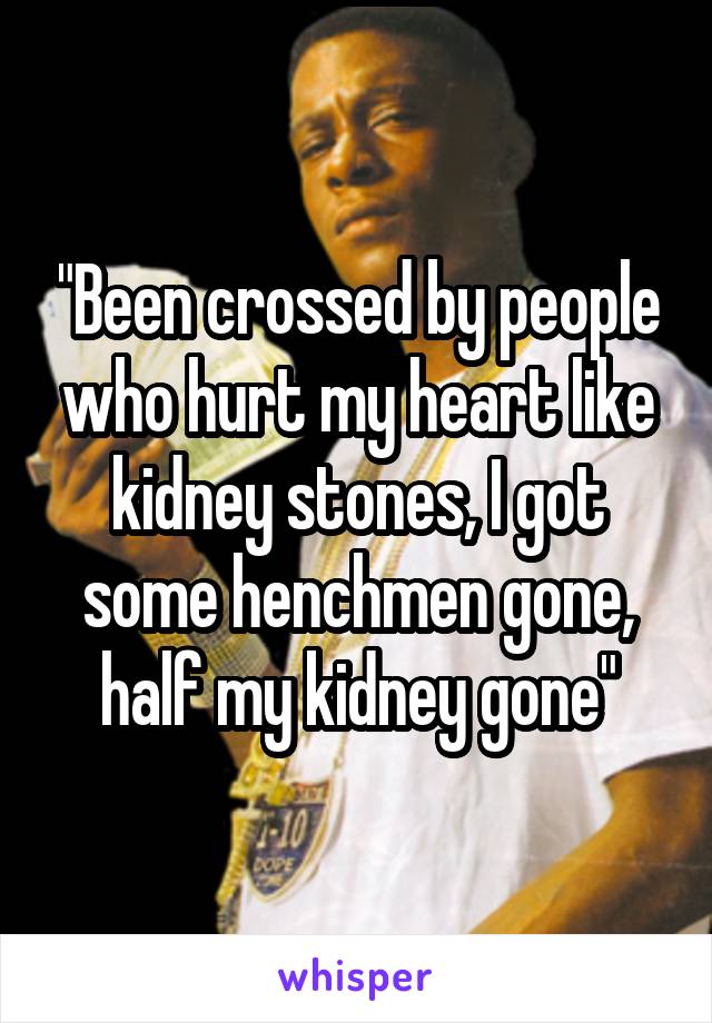 "Been crossed by people who hurt my heart like kidney stones, I got some henchmen gone, half my kidney gone"