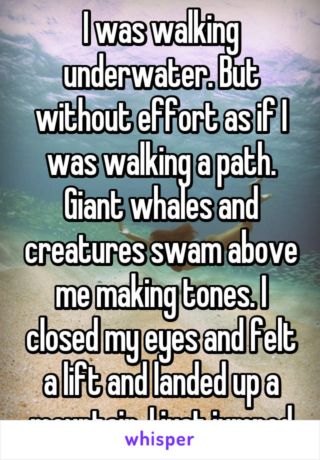 I was walking underwater. But without effort as if I was walking a path. Giant whales and creatures swam above me making tones. I closed my eyes and felt a lift and landed up a mountain. I just jumped