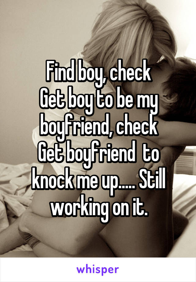 Find boy, check
Get boy to be my boyfriend, check
Get boyfriend  to knock me up..... Still working on it.