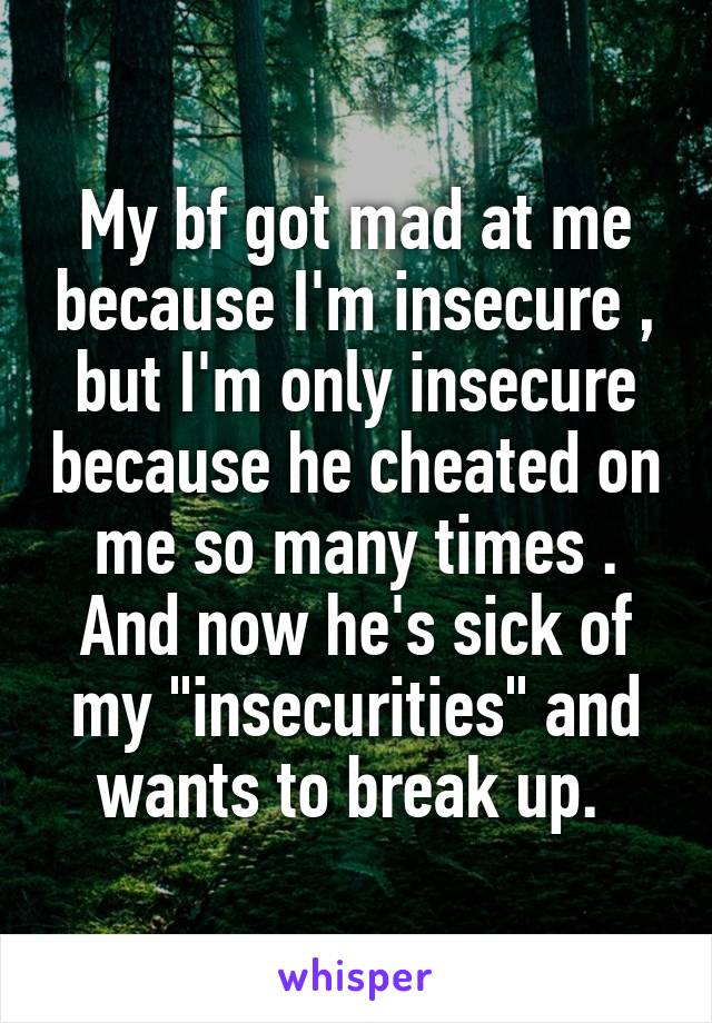 My bf got mad at me because I'm insecure , but I'm only insecure because he cheated on me so many times . And now he's sick of my "insecurities" and wants to break up. 