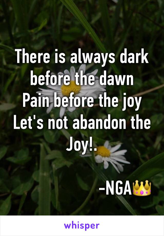 There is always dark before the dawn       Pain before the joy      Let's not abandon the 
Joy!.
                    
                     -NGA👑