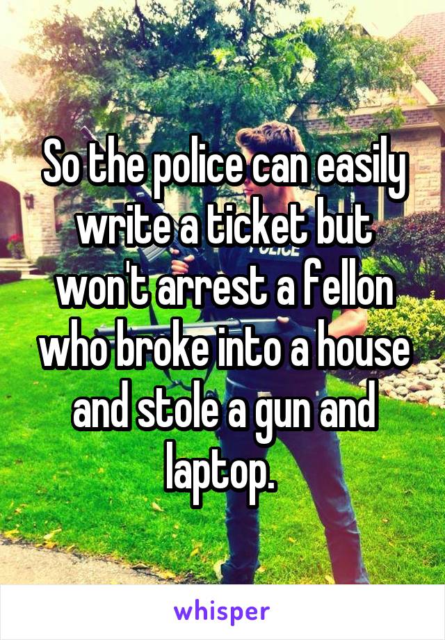 So the police can easily write a ticket but won't arrest a fellon who broke into a house and stole a gun and laptop. 