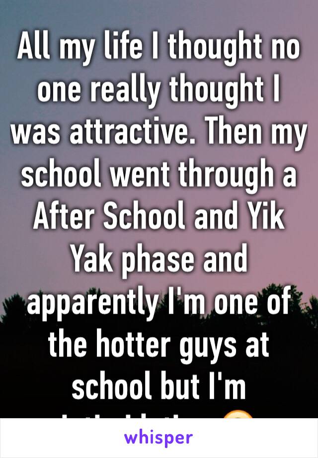 All my life I thought no one really thought I was attractive. Then my school went through a After School and Yik Yak phase and apparently I'm one of the hotter guys at school but I'm intimidating 🙃