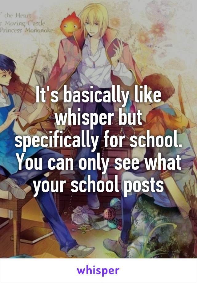 It's basically like whisper but specifically for school. You can only see what your school posts