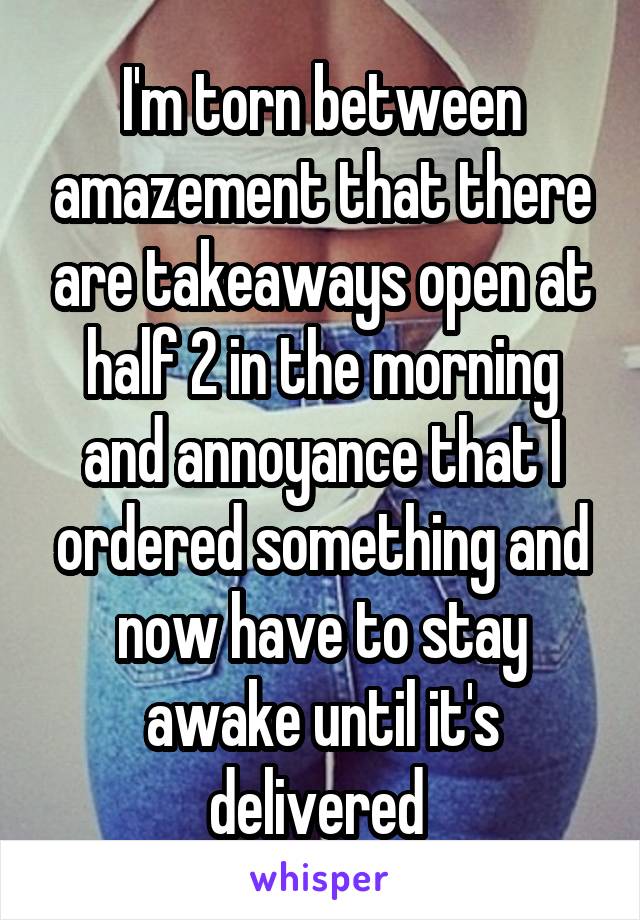 I'm torn between amazement that there are takeaways open at half 2 in the morning and annoyance that I ordered something and now have to stay awake until it's delivered 