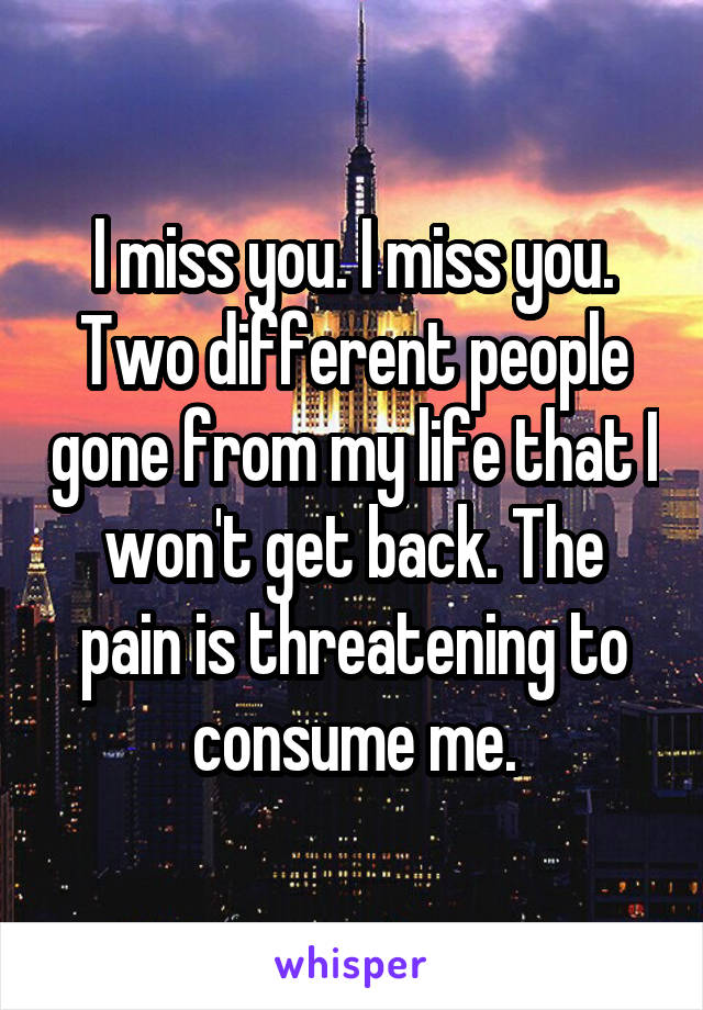 I miss you. I miss you. Two different people gone from my life that I won't get back. The pain is threatening to consume me.