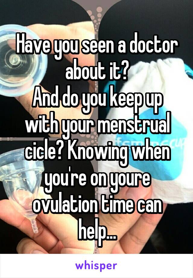 Have you seen a doctor about it?
And do you keep up with your menstrual cicle? Knowing when you're on youre ovulation time can help...