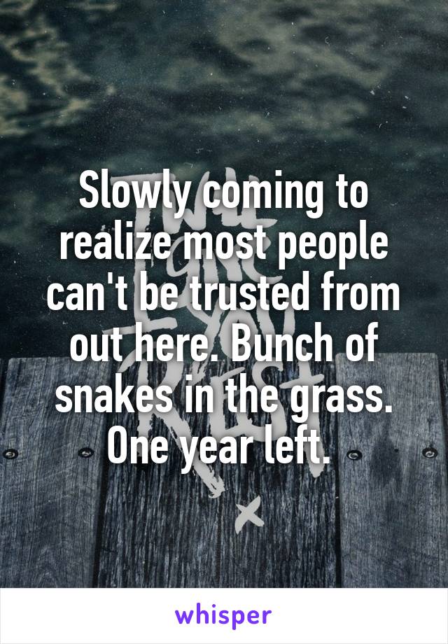 Slowly coming to realize most people can't be trusted from out here. Bunch of snakes in the grass. One year left. 