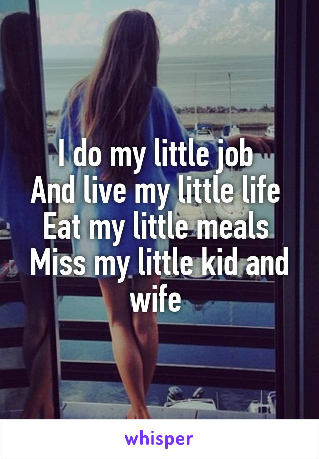 I do my little job 
And live my little life 
Eat my little meals 
Miss my little kid and wife 