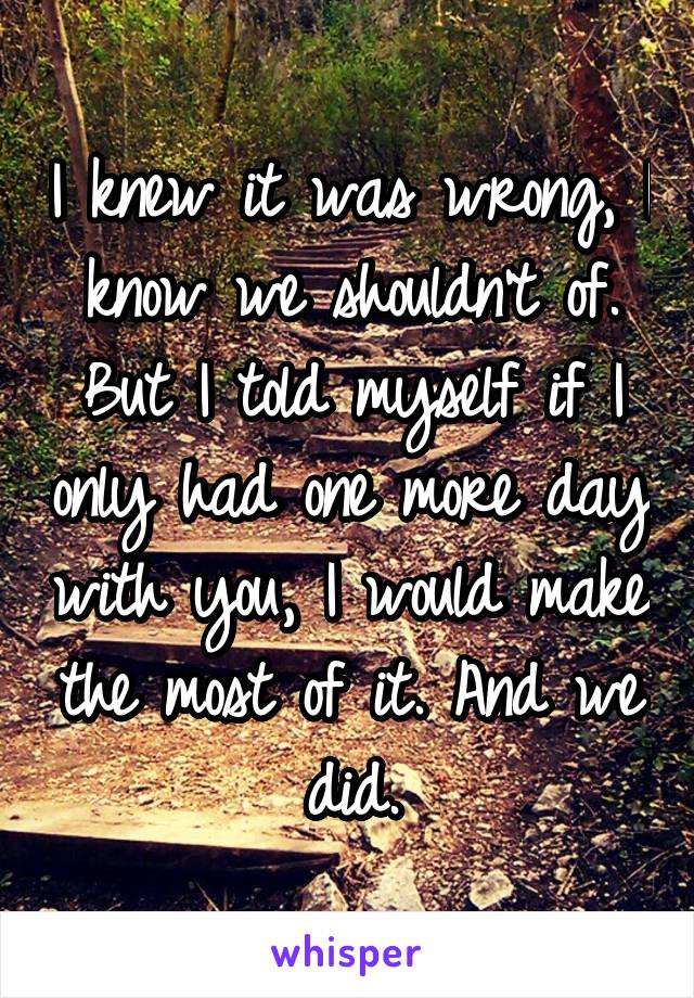 I knew it was wrong, I know we shouldn't of. But I told myself if I only had one more day with you, I would make the most of it. And we did.