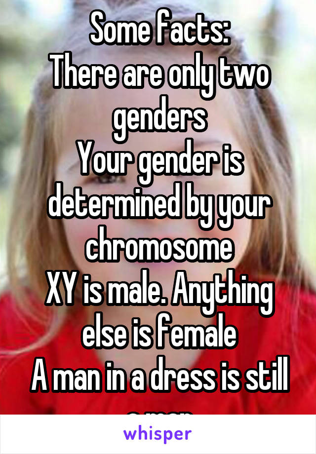 Some facts:
There are only two genders
Your gender is determined by your chromosome
XY is male. Anything else is female
A man in a dress is still a man