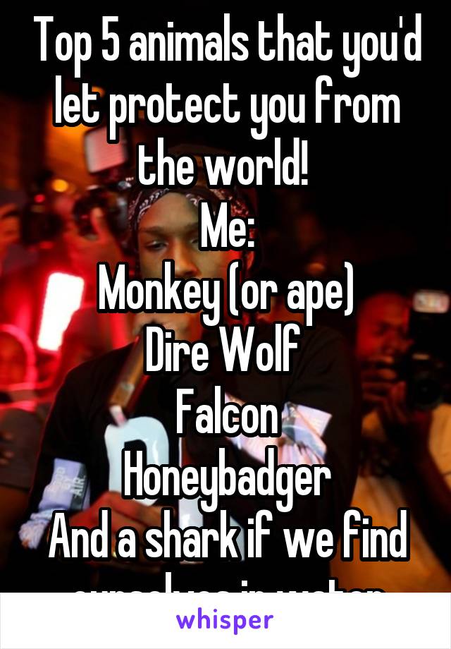 Top 5 animals that you'd let protect you from the world! 
Me:
Monkey (or ape)
Dire Wolf 
Falcon
Honeybadger
And a shark if we find ourselves in water