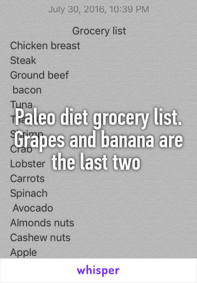 Paleo diet grocery list. Grapes and banana are the last two 