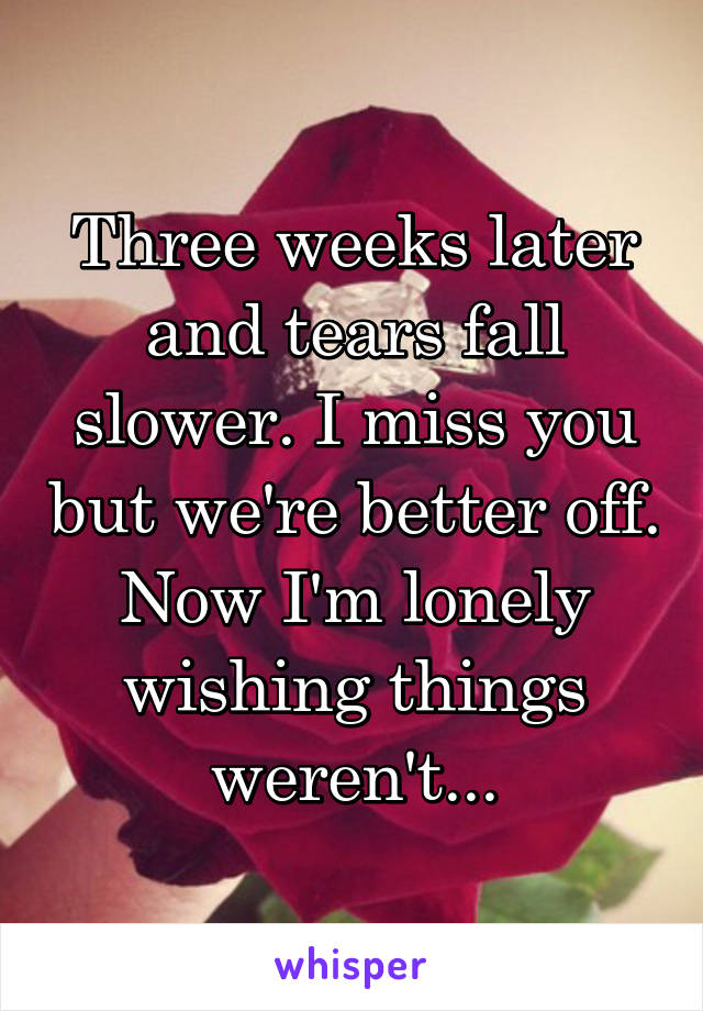 Three weeks later and tears fall slower. I miss you but we're better off. Now I'm lonely wishing things weren't...