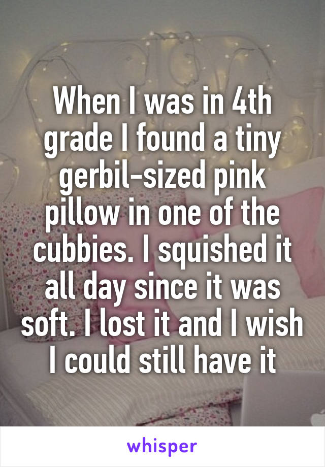 When I was in 4th grade I found a tiny gerbil-sized pink pillow in one of the cubbies. I squished it all day since it was soft. I lost it and I wish I could still have it