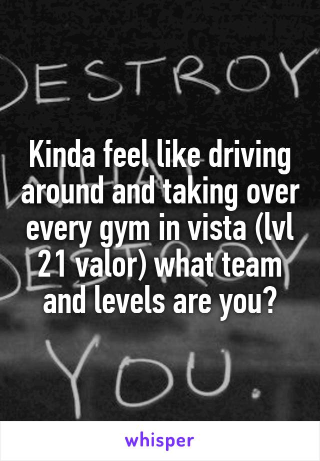 Kinda feel like driving around and taking over every gym in vista (lvl 21 valor) what team and levels are you?