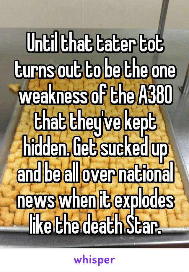 Until that tater tot turns out to be the one weakness of the A380 that they've kept hidden. Get sucked up and be all over national news when it explodes like the death Star.