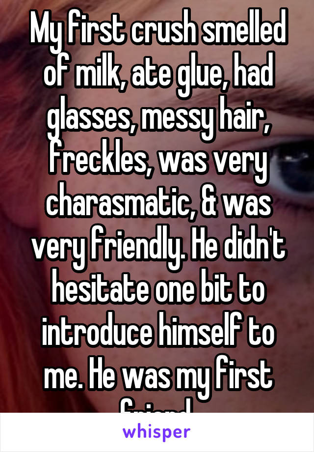 My first crush smelled of milk, ate glue, had glasses, messy hair, freckles, was very charasmatic, & was very friendly. He didn't hesitate one bit to introduce himself to me. He was my first friend.