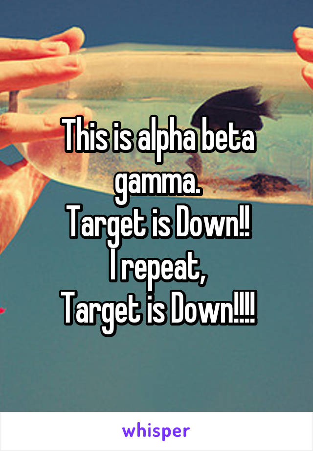 This is alpha beta gamma.
Target is Down!!
I repeat,
Target is Down!!!!