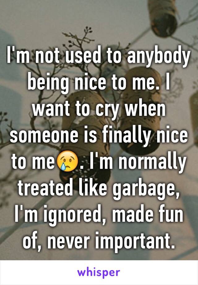 I'm not used to anybody being nice to me. I want to cry when someone is finally nice to me😢. I'm normally treated like garbage, I'm ignored, made fun of, never important.