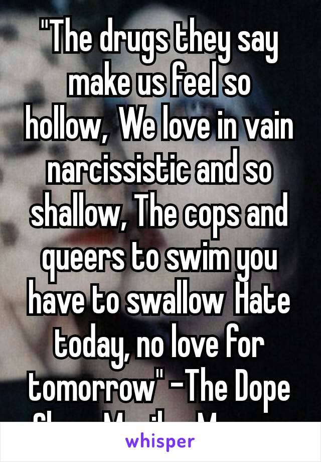 "The drugs they say make us feel so hollow, We love in vain narcissistic and so shallow, The cops and queers to swim you have to swallow Hate today, no love for tomorrow" -The Dope Show Marilyn Manson