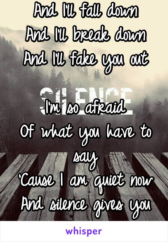 And I'll fall down
And I'll break down
And I'll fake you out

I'm so afraid
Of what you have to say
'Cause I am quiet now
And silence gives you space