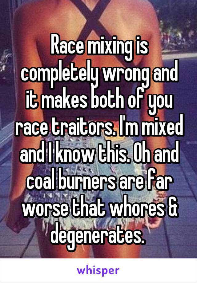 Race mixing is completely wrong and it makes both of you race traitors. I'm mixed and I know this. Oh and coal burners are far worse that whores & degenerates. 