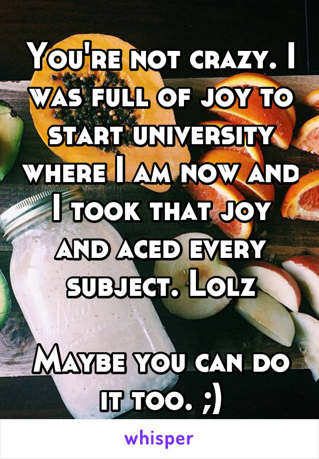 You're not crazy. I was full of joy to start university where I am now and I took that joy and aced every subject. Lolz

Maybe you can do it too. ;)